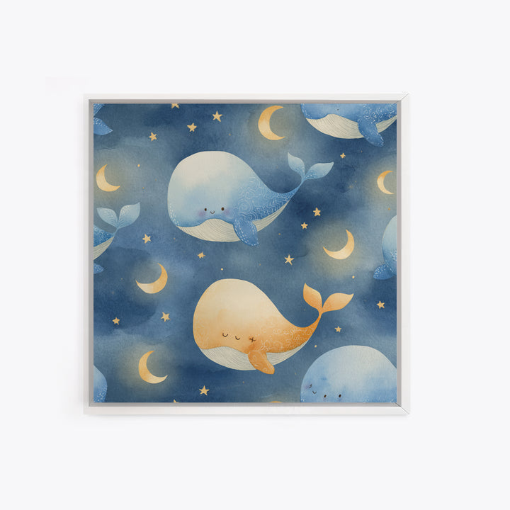 Whale and Tiny Stars Framed Canvas Print, Nursery Art, Neutral Decor, Nursery Decor, Fine Art, Nursery, Wall Decor, Art Print, NUR-1x1-80