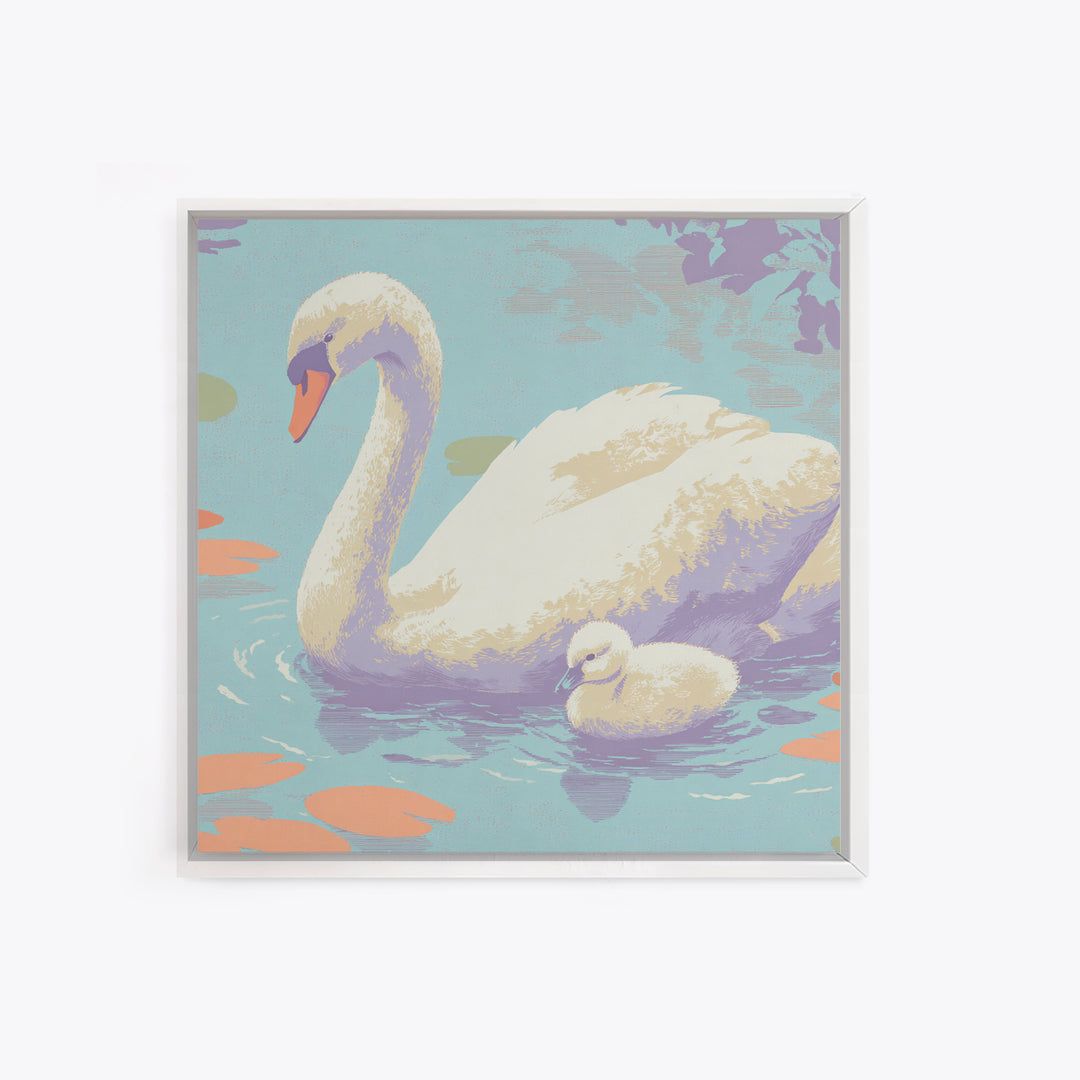 Swan and Cygnet Framed Canvas Print, Nursery Art, Textured Painting, Nursery Decor, Fine Art, Nursery, Wall Art Print, NUR-1x1-88