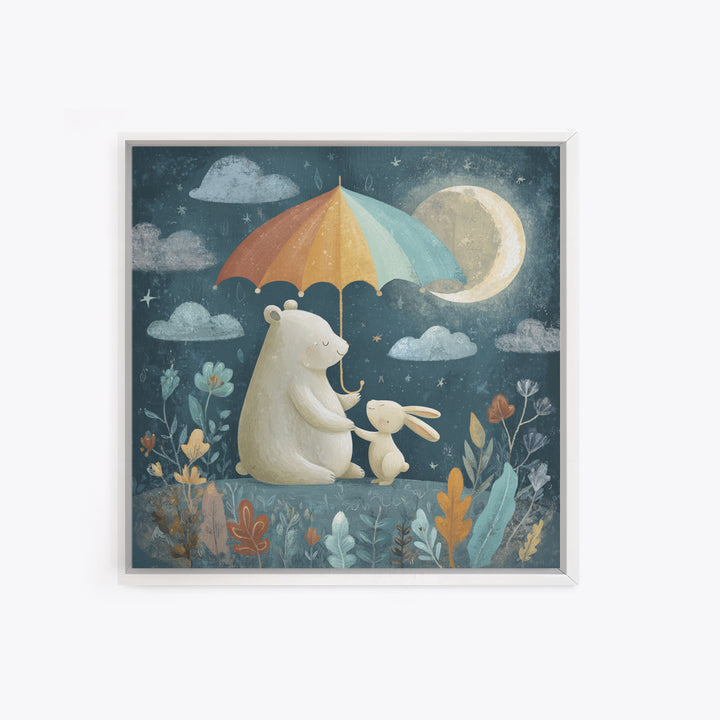 Bear and Rabbit Sharing Umbrella Canvas Print, Nursery Art, Boho Decor, Nursery Decor, Fine Art, Nursery, Wall Hangings, NUR-1x1-89