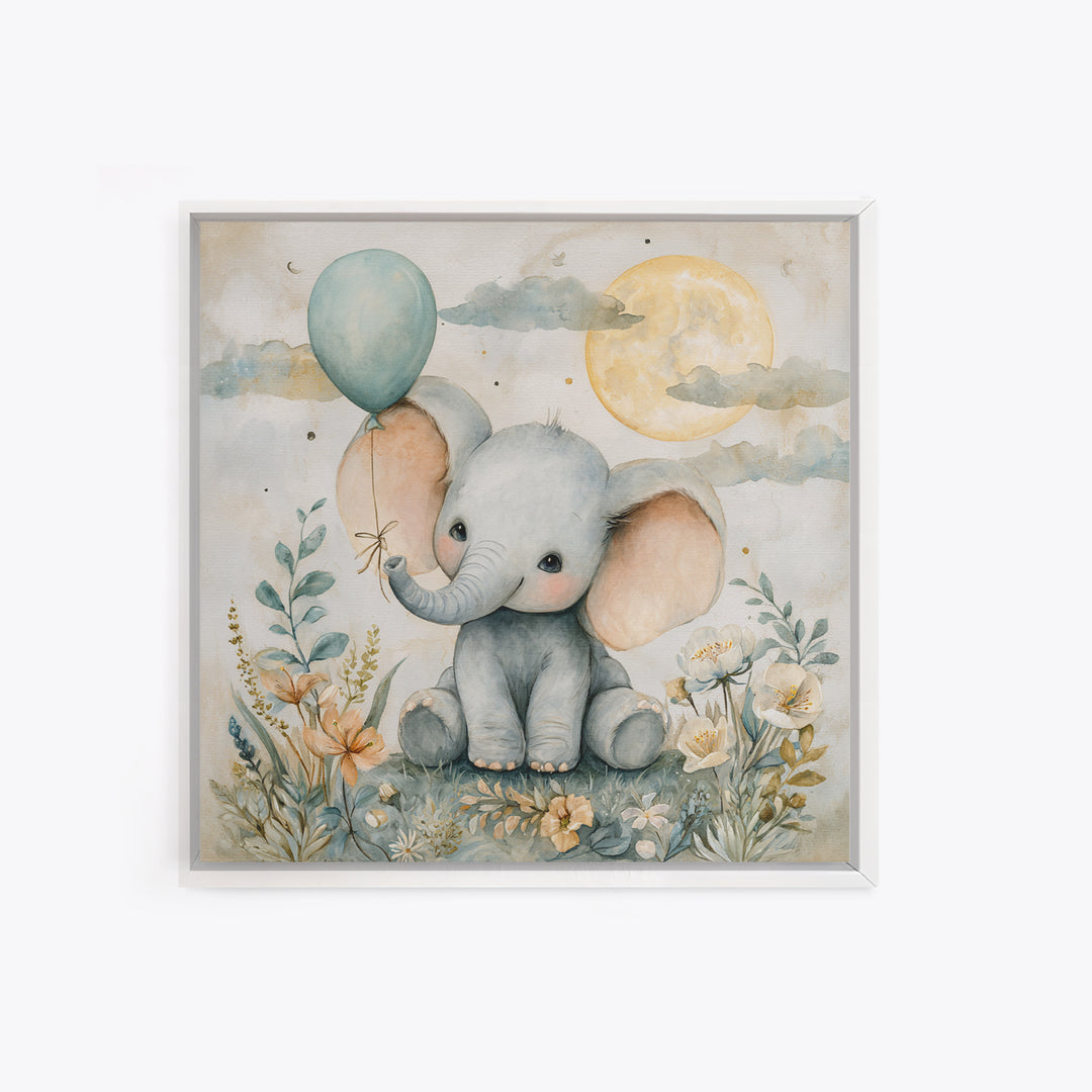Sleepy Baby Elephant Holding a Tiny Balloon Canvas Print, Nursery Art, Wall Art, Nursery Decor, Oil Painting, Nursery, NUR-1x1-97