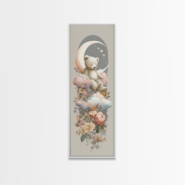 Baby Bear Floating on a Crescent Moon Canvas Print, Nursery Art, Dinosaur Wall Art, Nursery Decor, Fine Art, Nursery, NUR-1x3-18