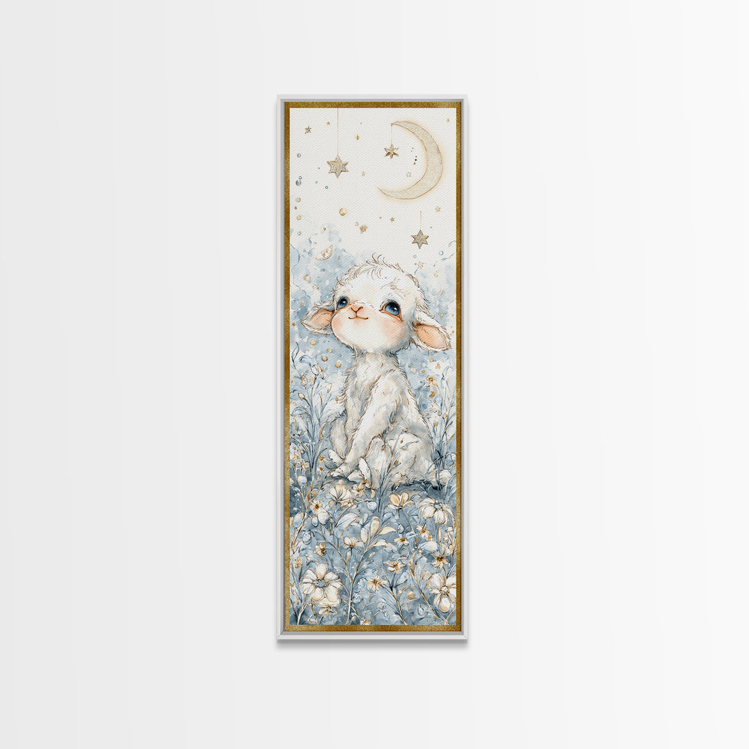 Little Lamb under a Starry Sky Framed Canvas Print, Nursery Art, Wall Hangings, Nursery Decor, Watercolor Art, Nursery, NUR-1x3-31