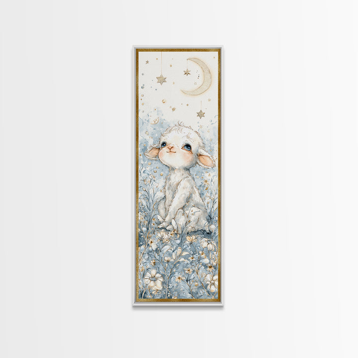 Little Lamb under a Starry Sky Framed Canvas Print, Nursery Art, Wall Hangings, Nursery Decor, Watercolor Art, Nursery, NUR-1x3-31