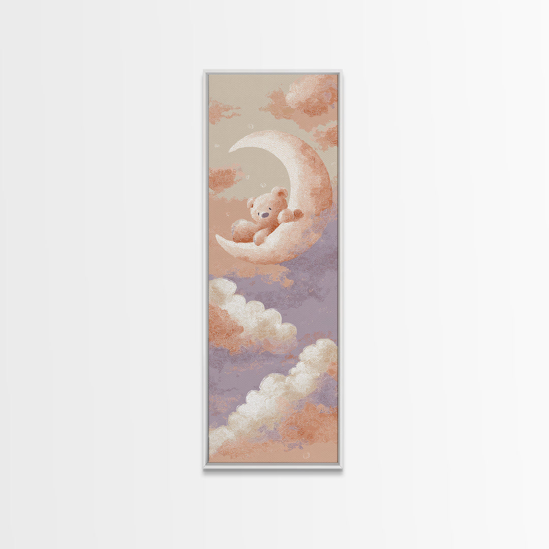 Baby Bear Floating on a Crescent Moon Canvas Print, Nursery Art, Dinosaur Wall Art, Nursery Decor, Fine Art, Nursery, NUR-1x3-42