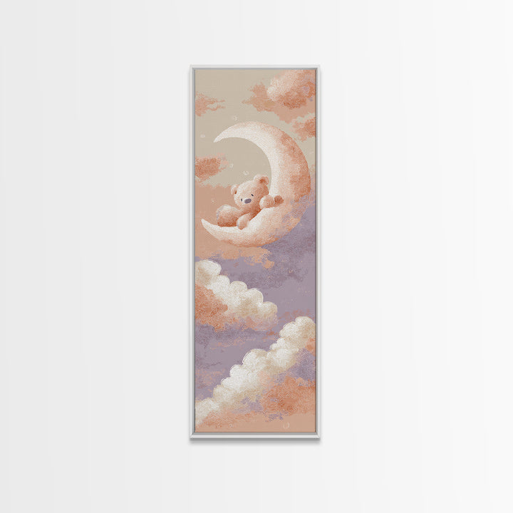 Baby Bear Floating on a Crescent Moon Canvas Print, Nursery Art, Dinosaur Wall Art, Nursery Decor, Fine Art, Nursery, NUR-1x3-42