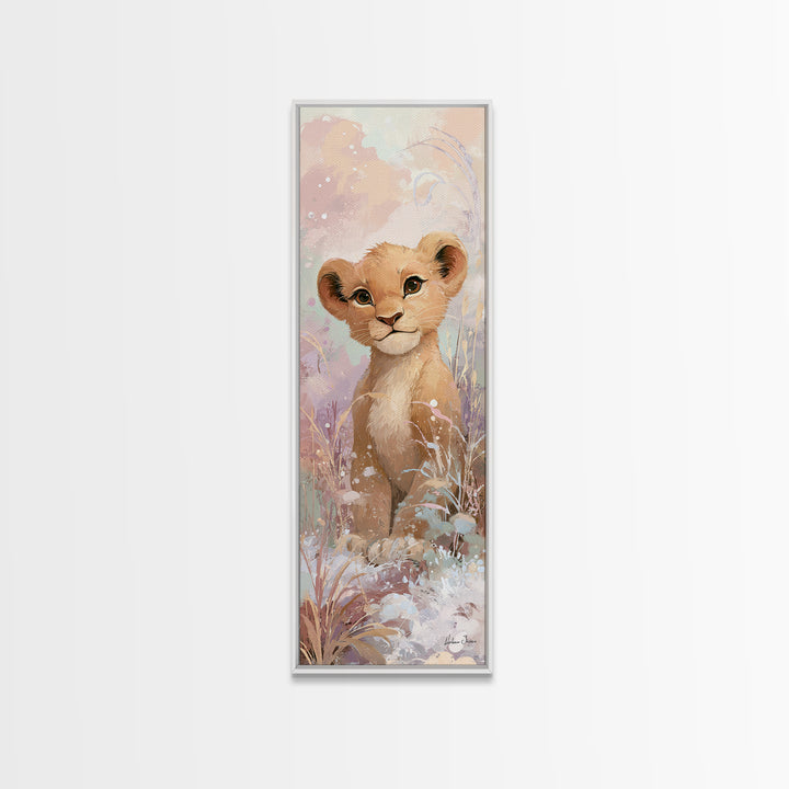 Lion Cub with Soft Golden Mane Framed Canvas Print, Nursery Art, Boho Decor, Nursery Decor, Oil Painting, Nursery, NUR-1x3-45