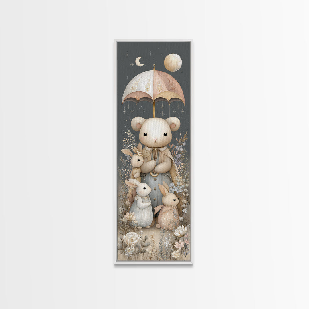 Bear and Rabbit Sharing Umbrella Canvas Print, Nursery Art, Dinosaur Wall Art, Nursery Decor, Fine Art, Nursery, Room Decor, NUR-1x3-5
