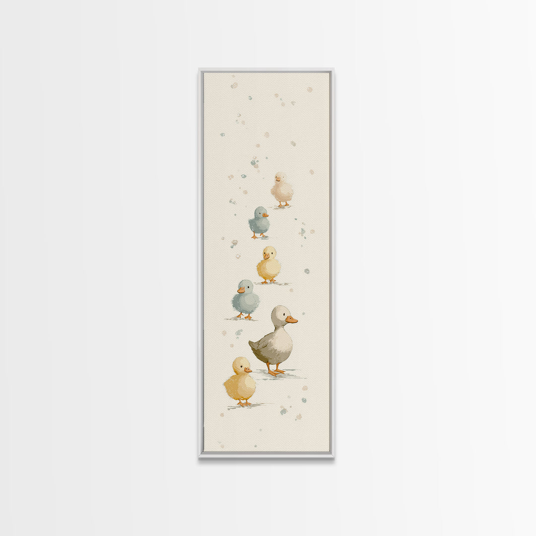 Ducklings Following a Mother Duck Framed Canvas Print, Nursery Art, Woodland Nursery Art, Nursery Decor, Oil Painting, Nursery, NUR-1x3-50