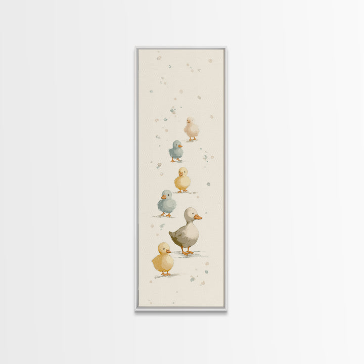 Ducklings Following a Mother Duck Framed Canvas Print, Nursery Art, Woodland Nursery Art, Nursery Decor, Oil Painting, Nursery, NUR-1x3-50