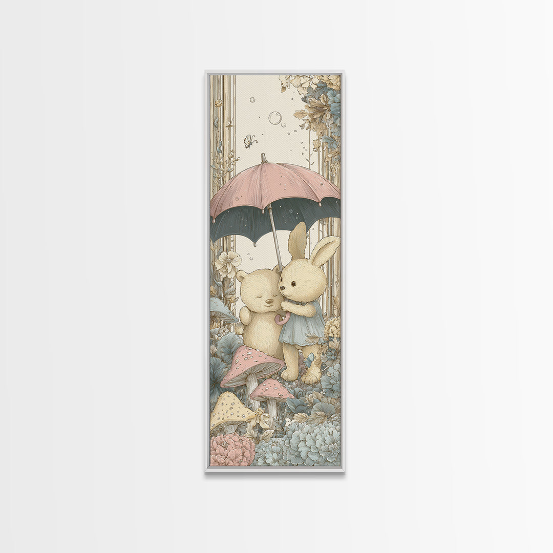 Bear and Rabbit Sharing Umbrella Framed Canvas Print, Nursery Art, Neutral Decor, Nursery Decor, Fine Art, Nursery, Wall Decor, NUR-1x3-53