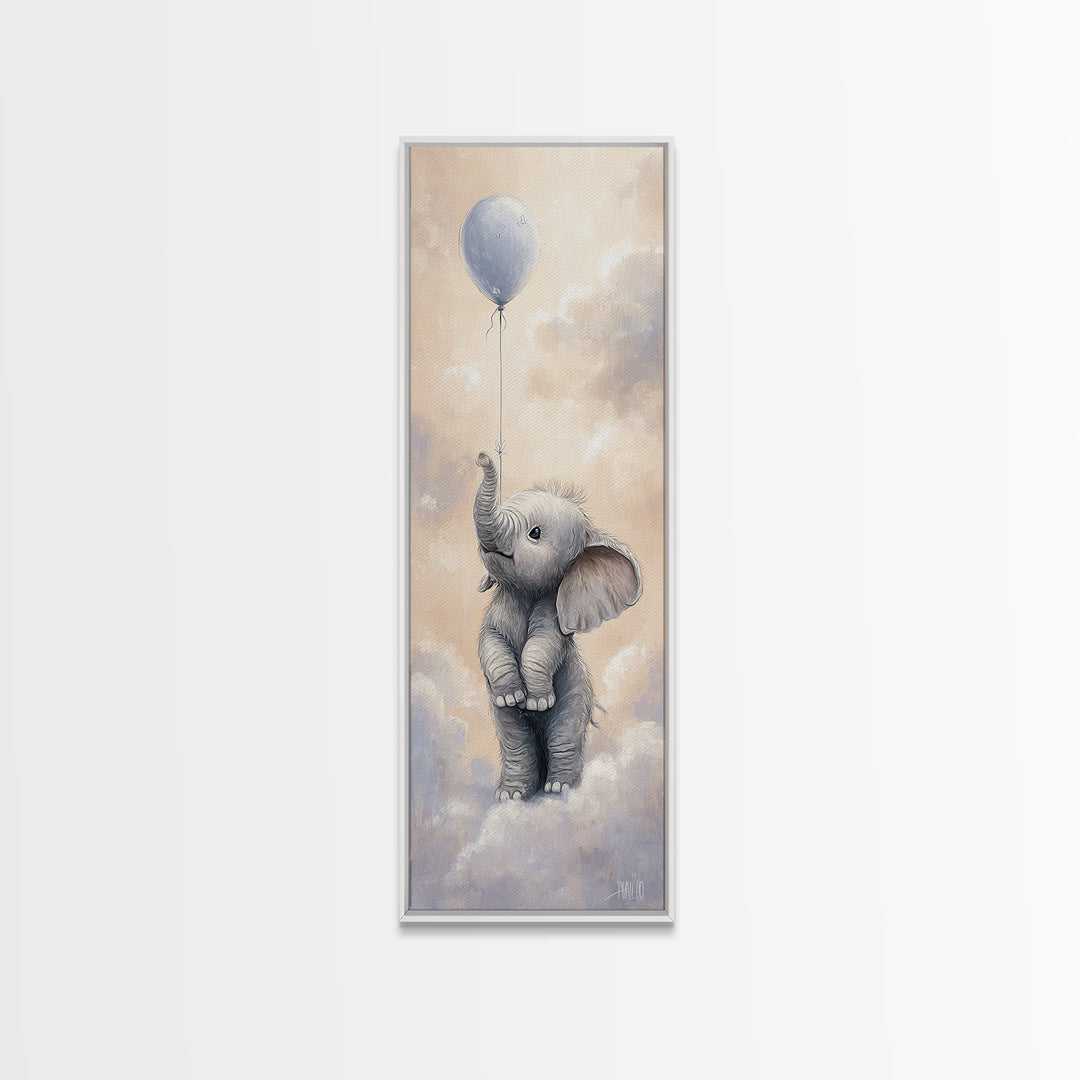 Sleepy Baby Elephant Holding a Tiny Balloon Framed Canvas Print, Nursery Art, Textured Painting, Nursery Decor, Nursery, NUR-1x3-61