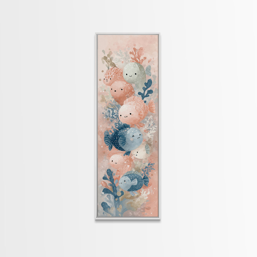 Friendly Ocean Creatures Framed Canvas Print, Nursery Art, Nursery, Nursery Decor, Oil Painting, Nursery, Playroom Wall Decor, NUR-1x3-84