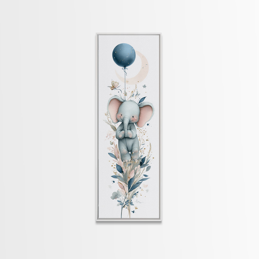 Sleepy Baby Elephant Holding a Tiny Balloon Canvas Print, Nursery Art, Art Print, Nursery Decor, Nursery 385, Wall Art Set of, NUR-1x3-85