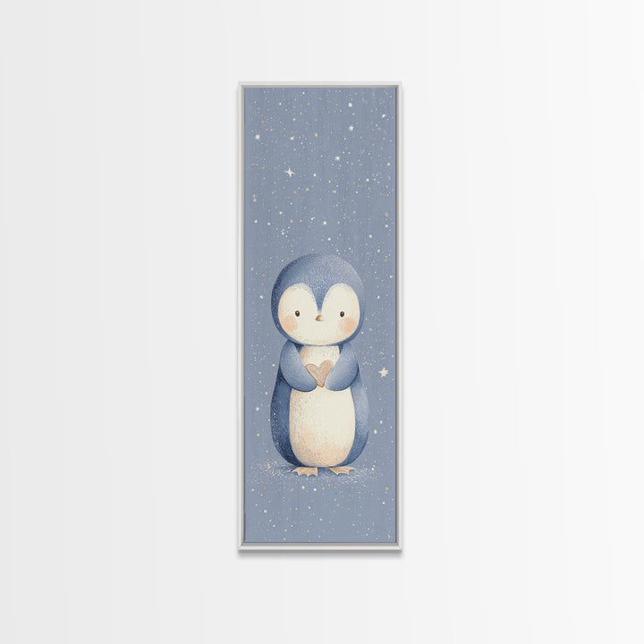 Penguin Holding a Little Heart Shape Canvas Print, Nursery Art, Modern Decor, Nursery Decor, Abstract Art, Nursery, Art Print, NUR-1x3-94