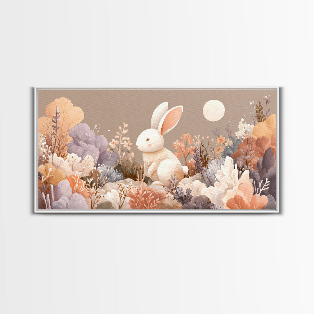 Soft Bunny in a Wildflower Meadow Framed Canvas Print, Nursery Art, Wall Decor, Nursery Decor, Oil Painting, Nursery, NUR-2x1-1
