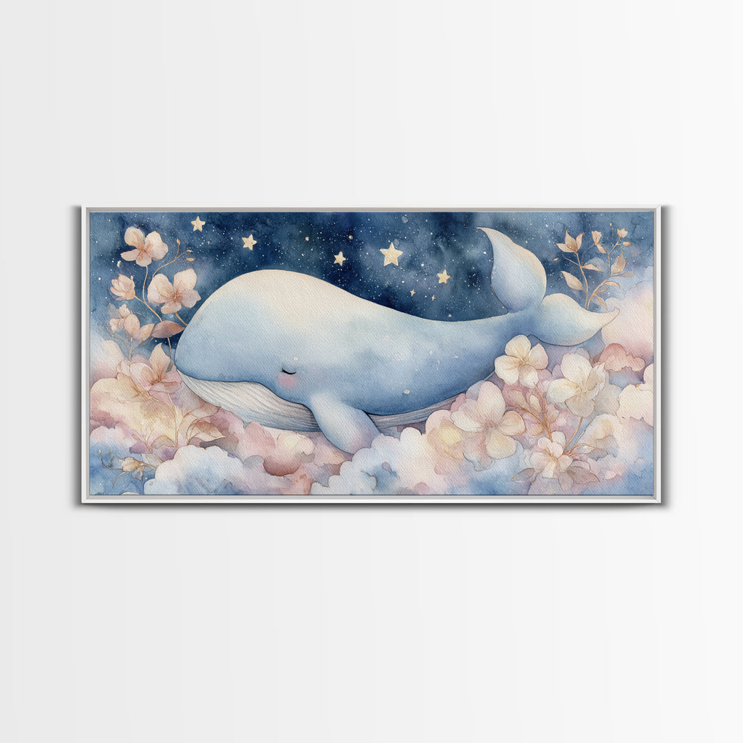 Whale and Tiny Stars Framed Canvas Print, Nursery Art, Playroom Wall Decor, Nursery Decor, Fine Art, Nursery, Modern Decor, NUR-2x1-100