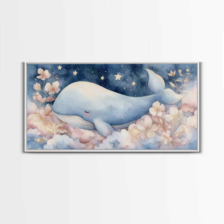 Whale and Tiny Stars Framed Canvas Print, Nursery Art, Playroom Wall Decor, Nursery Decor, Fine Art, Nursery, Modern Decor, NUR-2x1-100