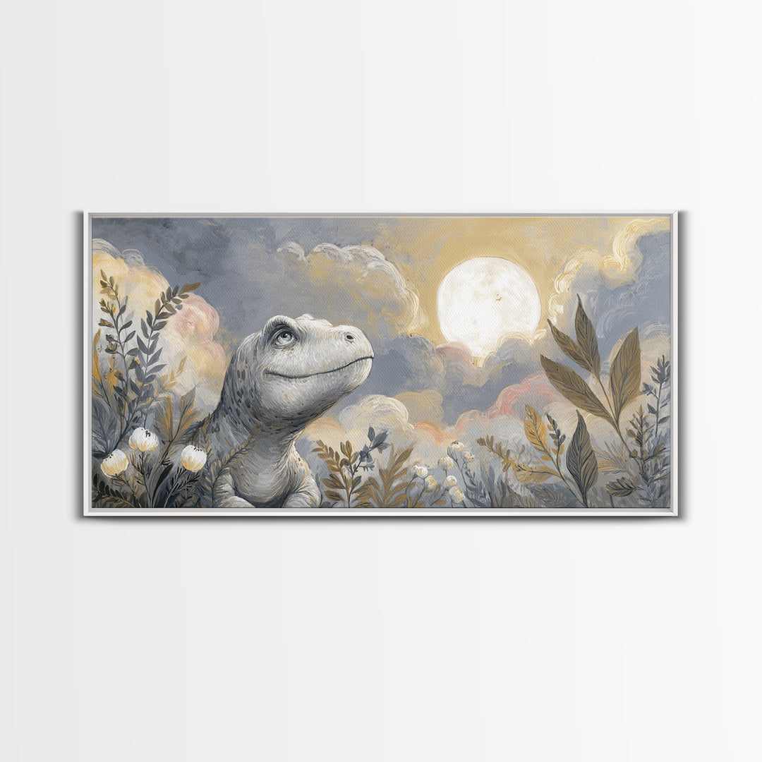 Tiny Dinosaur with Friendly Expression Framed Canvas Print, Nursery Art, Kids Wall Art, Nursery Decor, Fine Art, Nursery, NUR-2x1-11