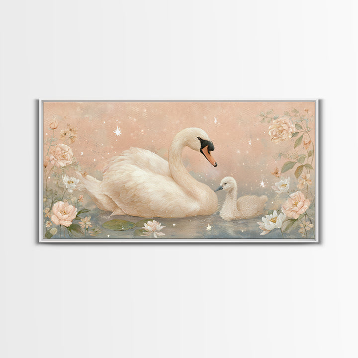 Swan and Cygnet Framed Canvas Print, Nursery Art, Luxury Decor, Nursery Decor, Nursery, Nursery Wall Art, Printable Art, NUR-2x1-12