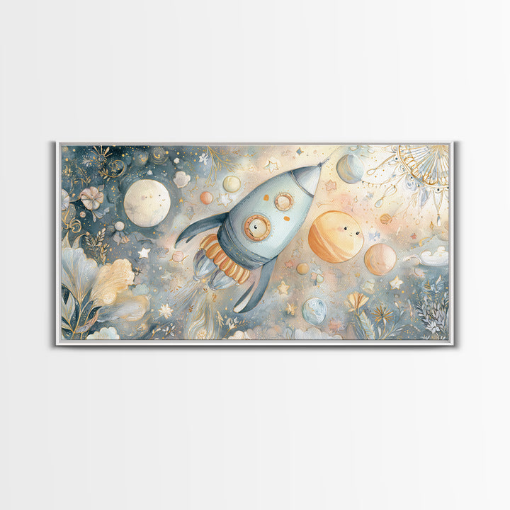 Rocket Ship and Smiling Planets Canvas Print, Nursery Art, Contemporary Art, Nursery Decor, Fine Art, Nursery, Nursery Prints, NUR-2x1-17