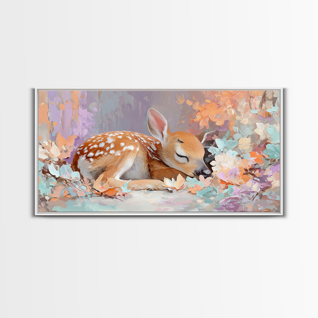 Deer Fawn Sleeping Framed Canvas Print, Nursery Art, Kids Room Wall Art, Nursery Decor, Fine Art, Nursery, Luxury Decor, NUR-2x1-19
