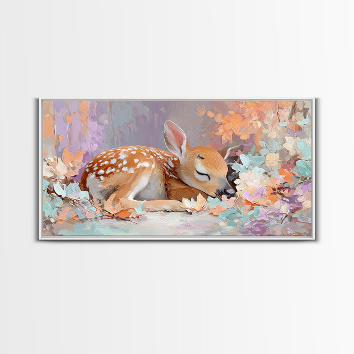 Deer Fawn Sleeping Framed Canvas Print, Nursery Art, Kids Room Wall Art, Nursery Decor, Fine Art, Nursery, Luxury Decor, NUR-2x1-19