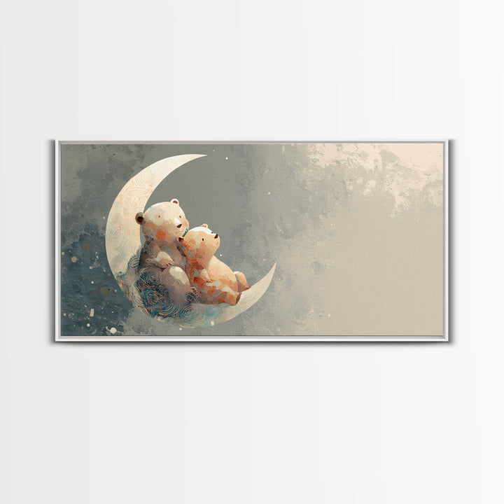 Baby Bear Floating on a Crescent Moon Canvas Print, Nursery Art, Boho Decor, Nursery Decor, Abstract Art, Nursery, NUR-2x1-2