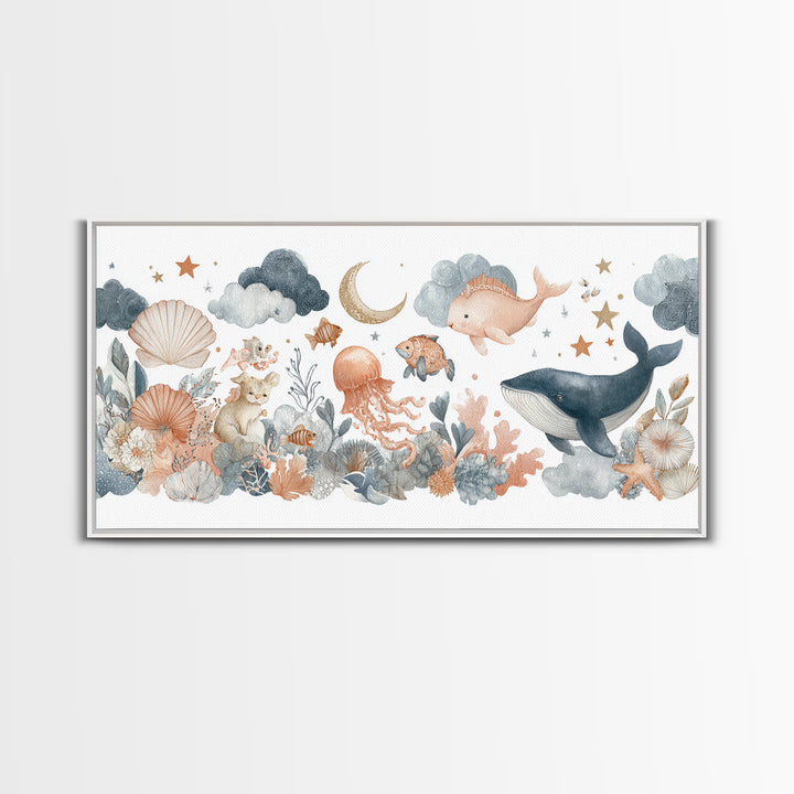 Friendly Ocean Creatures Framed Canvas Print, Nursery Art, Fine Art Print, Nursery Decor, Watercolor Art, Nursery, Digital Art, NUR-2x1-20