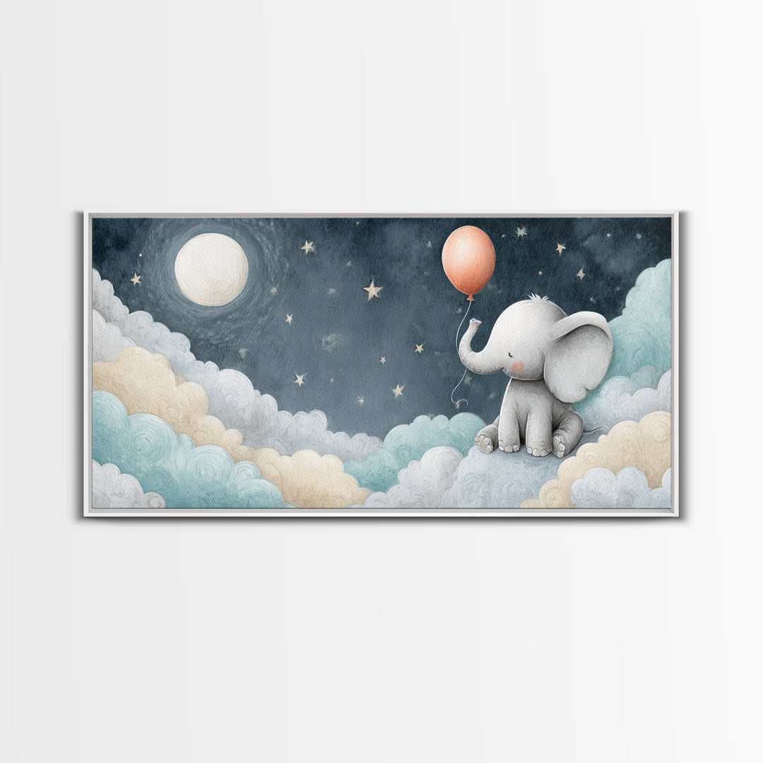 Sleepy Baby Elephant Holding a Tiny Balloon Canvas Print, Nursery Art, Wall Art, Nursery Decor, Oil Painting, Nursery, NUR-2x1-21