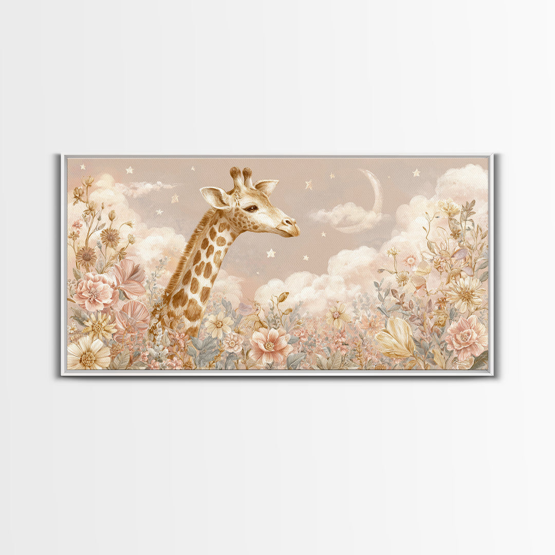 Gentle Giraffe with Pastel Flowers Canvas Print, Nursery Art, Statement Artwork, Nursery Decor, Fine Art, Nursery, NUR-2x1-22