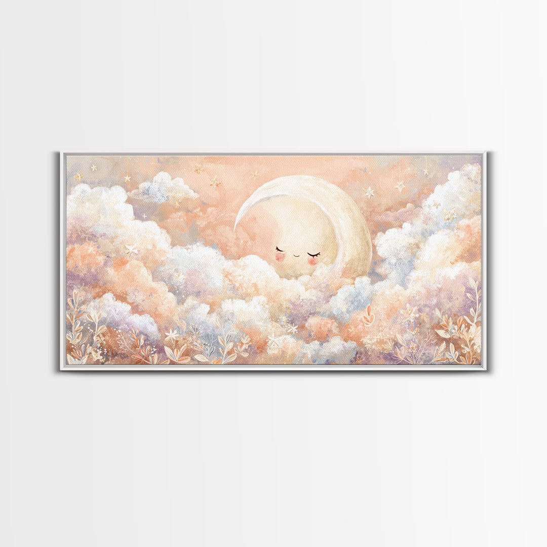 Moon and Stars Framed Canvas Print, Nursery Art, Nursery Decor, Watercolor Art, Nursery, Kids Wall Art, Woodland Nursery, NUR-2x1-23