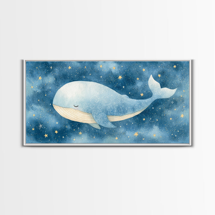 Whale and Tiny Stars Framed Canvas Print, Nursery Art, Minimalist Decor, Nursery Decor, Fine Art, Nursery, Nursery Wall Decor, NUR-2x1-28