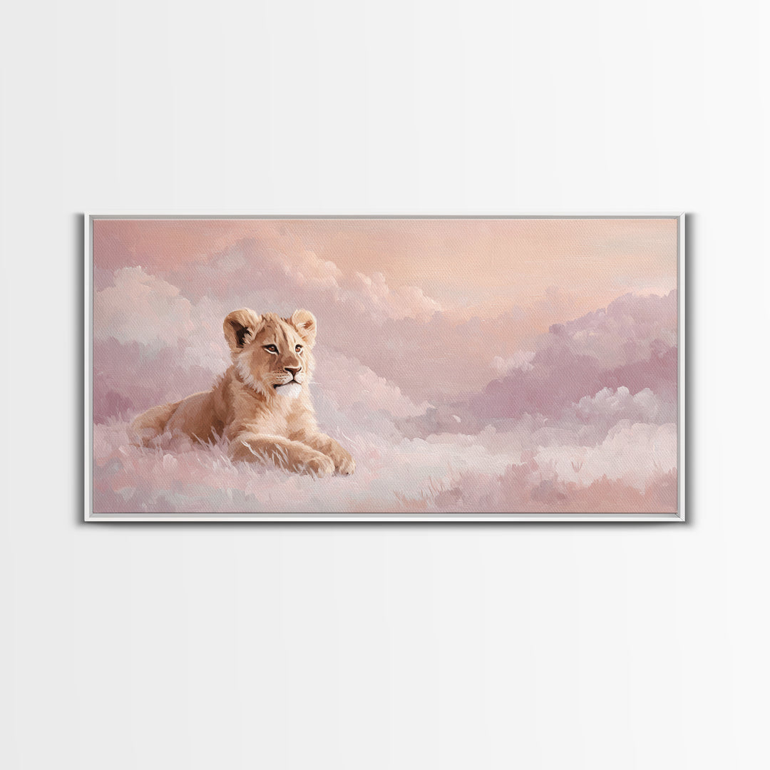 Lion Cub with Soft Golden Mane Framed Canvas Print, Nursery Art, Nursery Decor, Watercolor Art, Nursery 129, Wall Art Set of, NUR-2x1-29