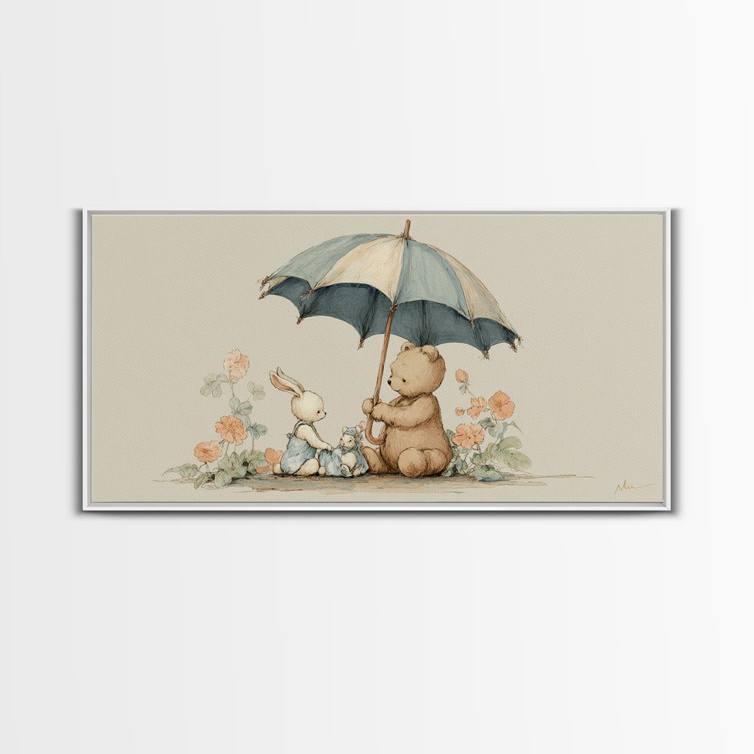 Bear and Rabbit Sharing Umbrella Framed Canvas Print, Nursery Art, Minimalist Decor, Nursery Decor, Fine Art, Nursery, NUR-2x1-37