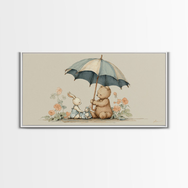 Bear and Rabbit Sharing Umbrella Framed Canvas Print, Nursery Art, Minimalist Decor, Nursery Decor, Fine Art, Nursery, NUR-2x1-37
