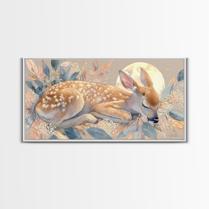 Deer Fawn Sleeping Framed Canvas Print, Nursery Art, Wall Hangings, Nursery Decor, Fine Art, Nursery, Digital Download Art, NUR-2x1-43