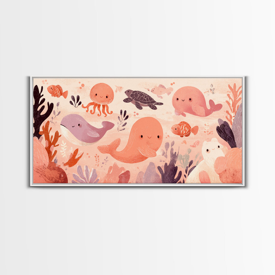 Friendly Ocean Creatures Canvas Print, Nursery Art, Textured Painting, Nursery Decor, Fine Art, Nursery, Wall Art Print, NUR-2x1-44