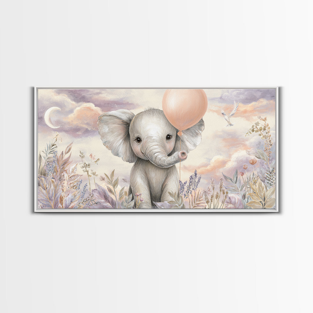 Sleepy Baby Elephant Holding a Tiny Balloon Framed Canvas Print, Nursery Art, Nursery Decor, Fine Art, Nursery, Kids Wall Art, NUR-2x1-45