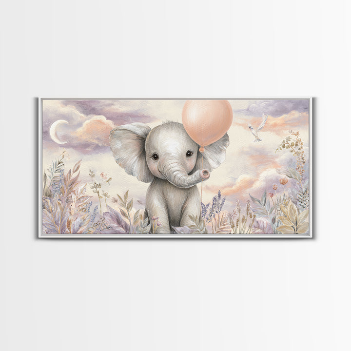 Sleepy Baby Elephant Holding a Tiny Balloon Framed Canvas Print, Nursery Art, Nursery Decor, Fine Art, Nursery, Kids Wall Art, NUR-2x1-45