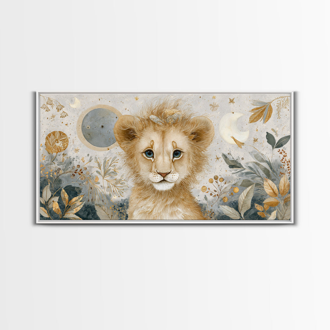 Lion Cub with Soft Golden Mane Framed Canvas Print, Nursery Art, Nursery Decor, Watercolor Art, Nursery 105, Wall Art Set of, NUR-2x1-5