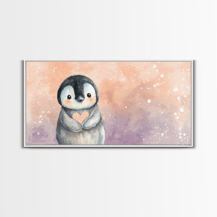 Penguin Holding a Little Heart Shape Canvas Print, Nursery Art, Contemporary Art, Nursery Decor, Abstract Art, Nursery, NUR-2x1-54