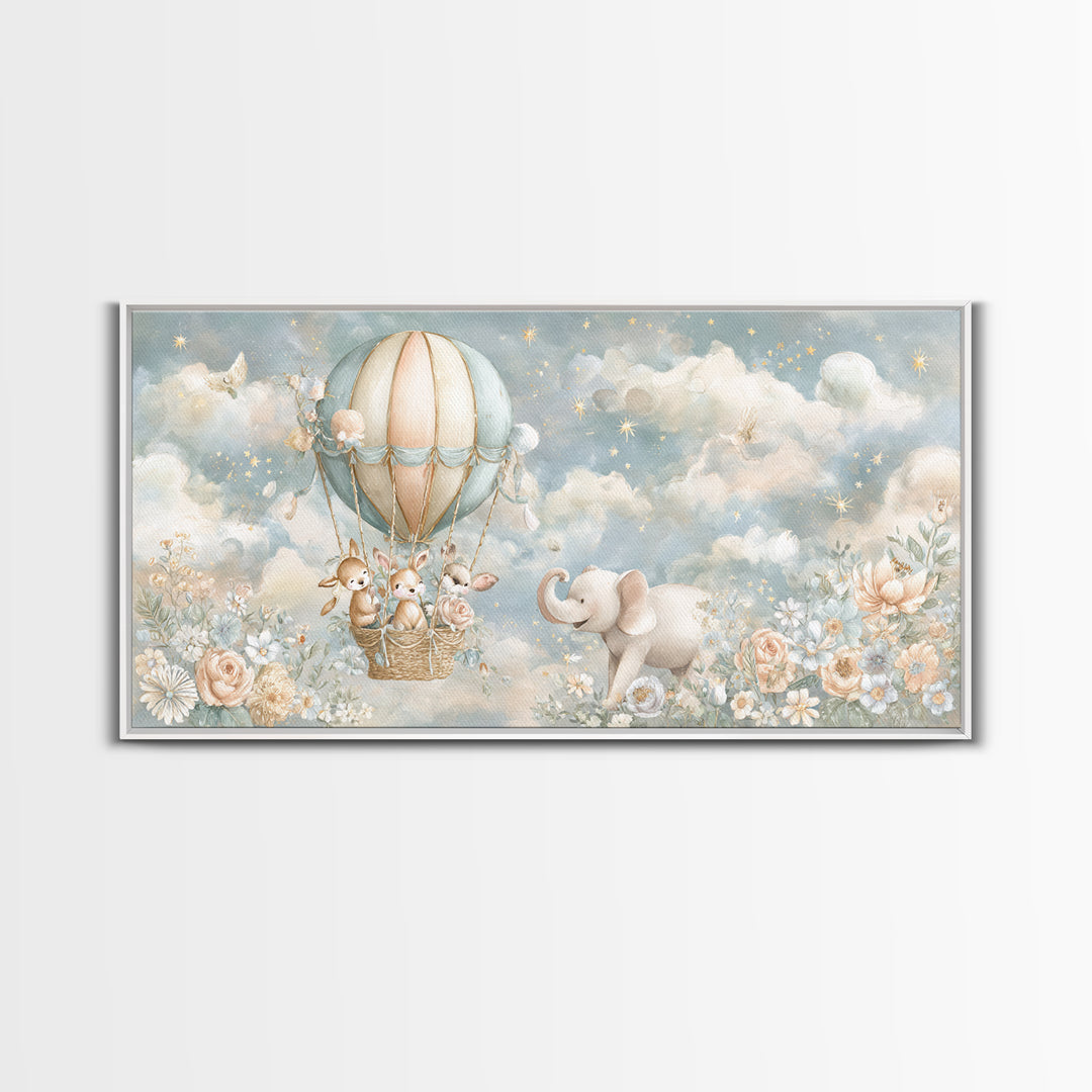 Floating Hot Air Balloon Framed Canvas Print, Nursery Art, Wall Hangings, Nursery Decor, Nursery, Digital Download Art, NUR-2x1-56