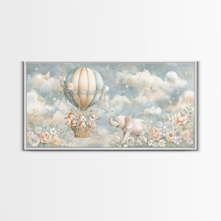Floating Hot Air Balloon Framed Canvas Print, Nursery Art, Wall Hangings, Nursery Decor, Nursery, Digital Download Art, NUR-2x1-56