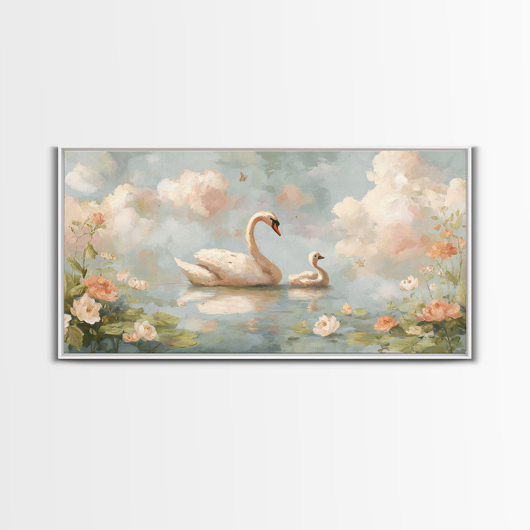 Swan and Cygnet Framed Canvas Print, Nursery Art, Nursery Decor, Oil Painting, Nursery, Kids Wall Art, Woodland Nursery, NUR-2x1-60