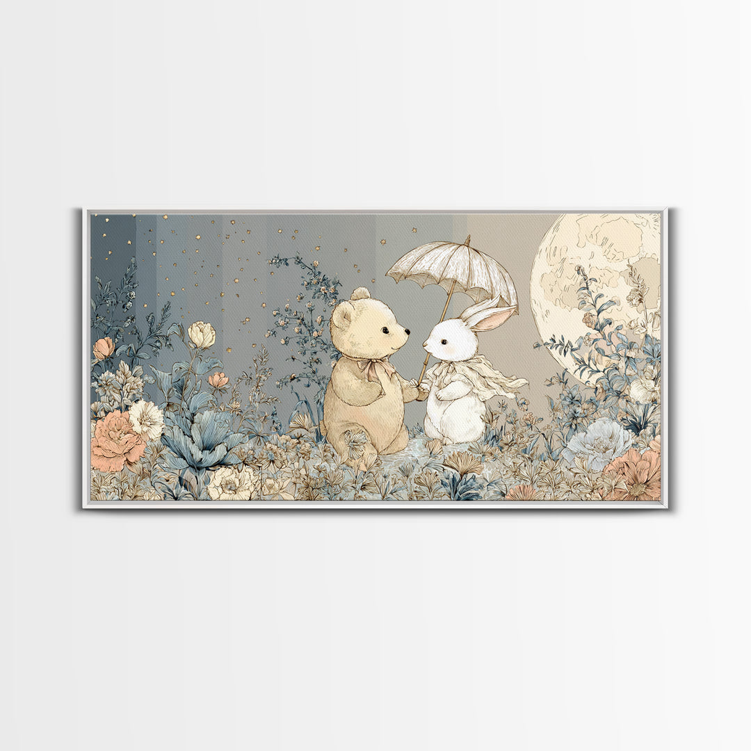 Bear and Rabbit Sharing Umbrella Canvas Print, Nursery Art, Printable Wall Art, Nursery Decor, Nursery, Butterfly Wall Art, NUR-2x1-61