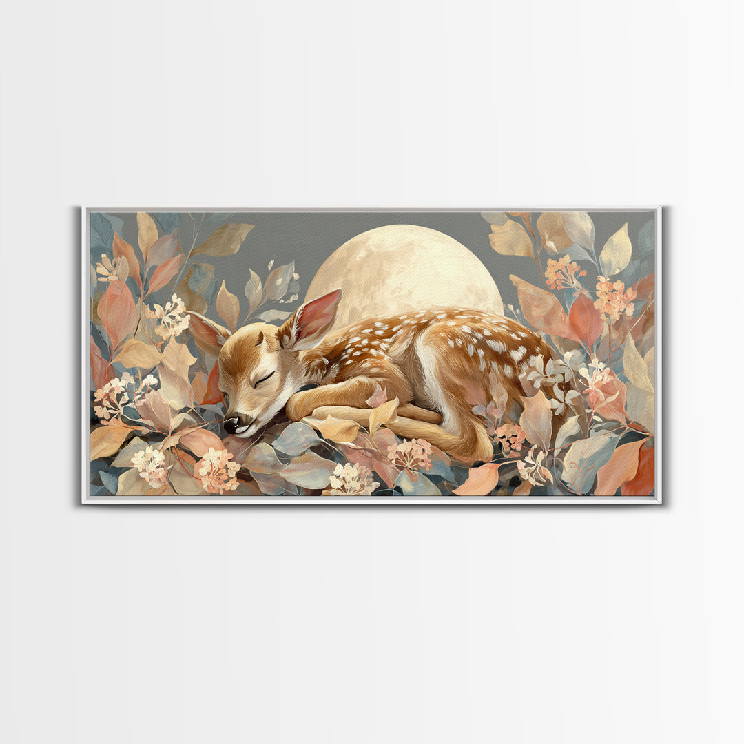 Deer Fawn Sleeping Framed Canvas Print, Nursery Art, Kids Room Art, Nursery Decor, Fine Art, Nursery, Textured Painting, NUR-2x1-67