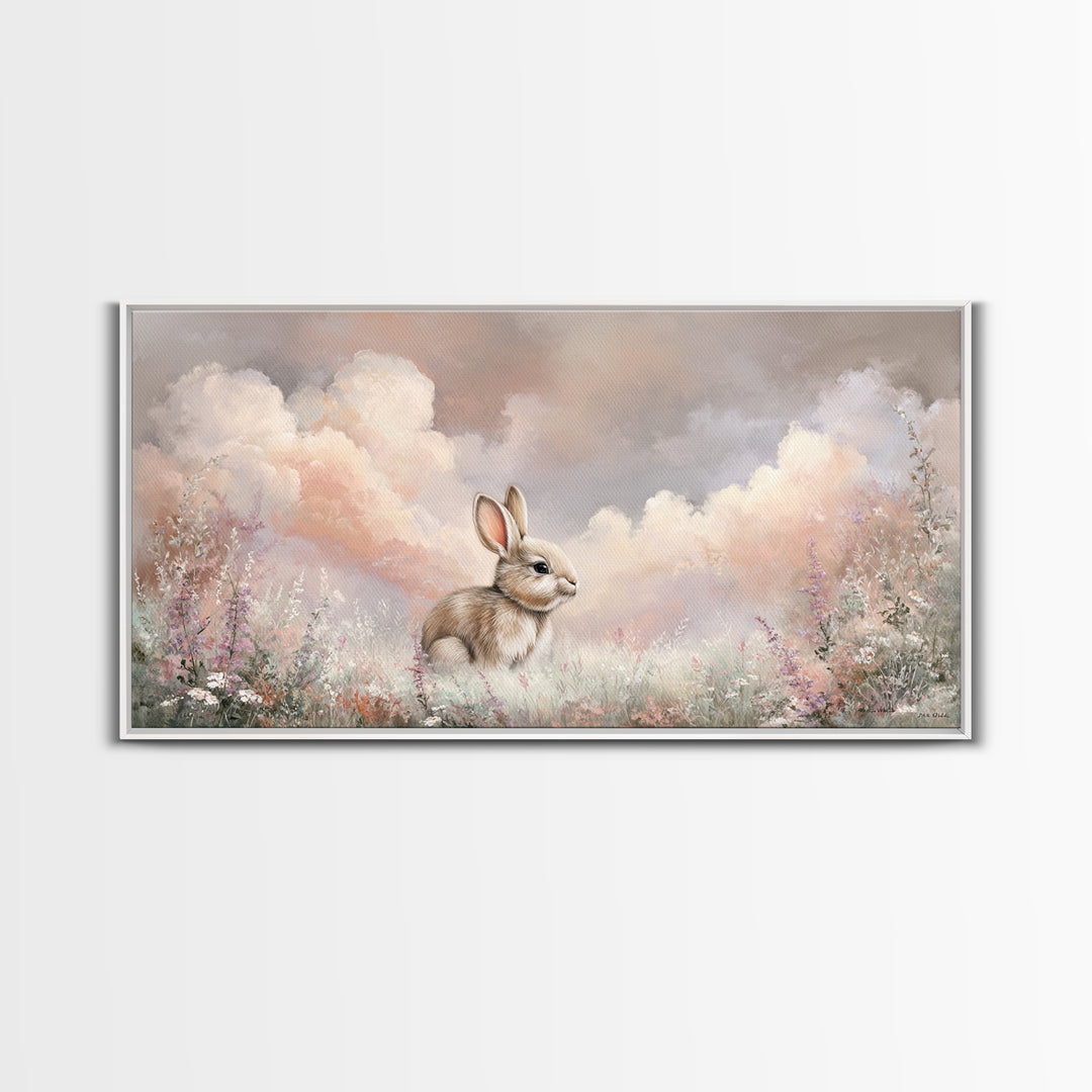 Soft Bunny in a Wildflower Meadow Canvas Print, Nursery Art, Nursery Wall Art, Nursery Decor, Watercolor Art, Nursery, NUR-2x1-73