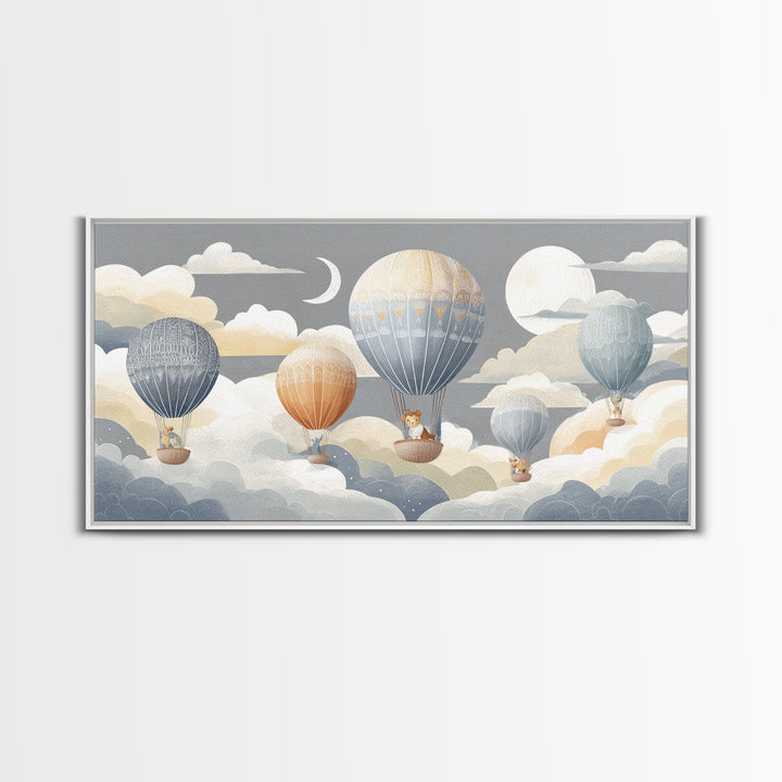 Floating Hot Air Balloon Framed Canvas Print, Nursery Art, Butterfly Wall Art, Nursery Decor, Nursery, Woodland Nursery Art, NUR-2x1-80