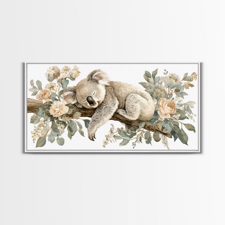 Sleeping Koala on Eucalyptus Branch Framed Canvas Print, Nursery Art, Nursery, Nursery Decor, Nursery, Playroom Wall Decor, NUR-2x1-81