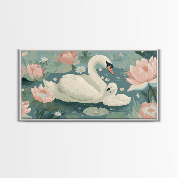 Swan and Cygnet Framed Canvas Print, Nursery Art, Digital Download Art, Nursery Decor, Fine Art, Nursery, Whimsical Wall Art, NUR-2x1-84